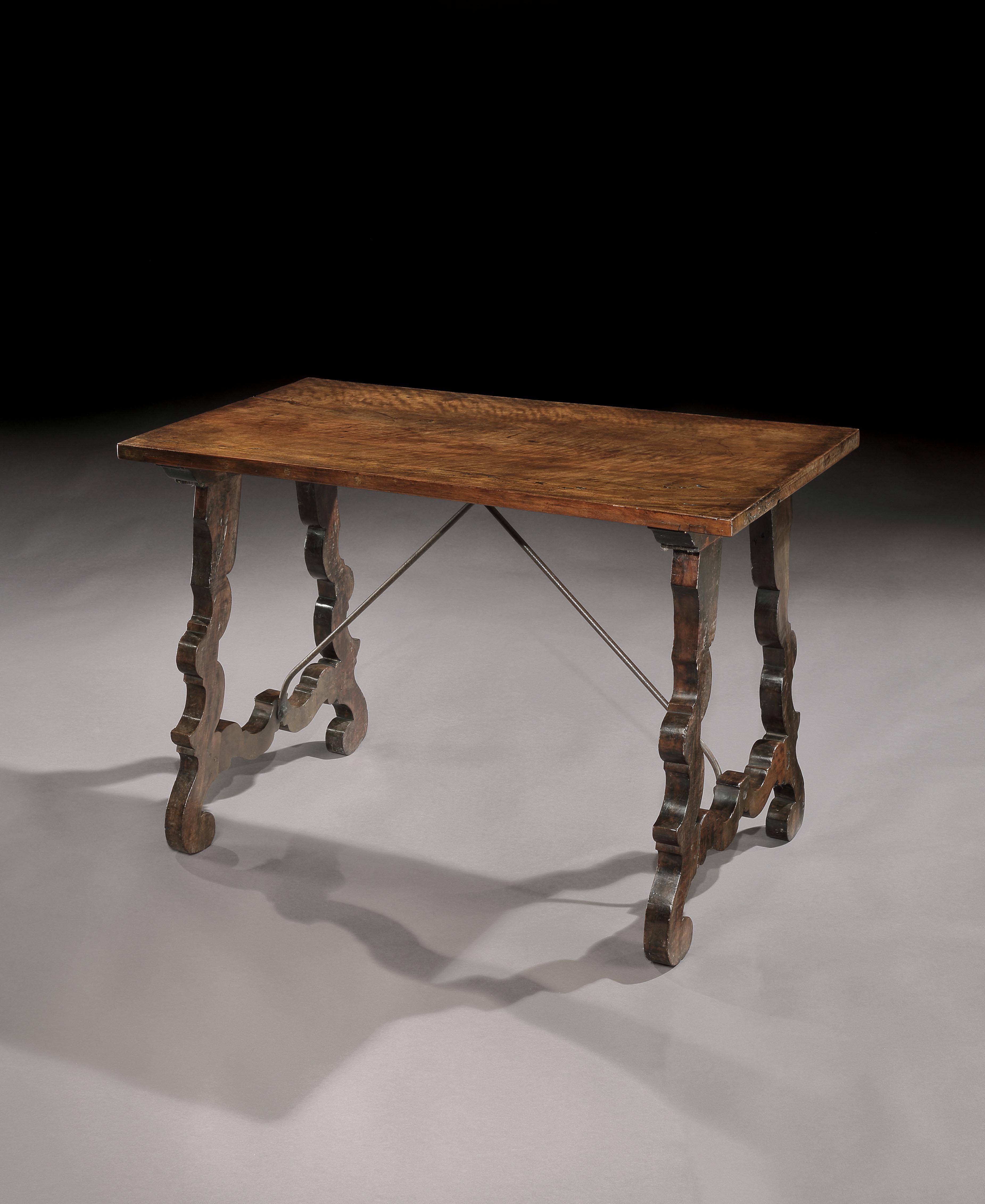 A rare, narrow, Italian, baroque, walnut, cabinet or sidetable.

This table has unusual, narrow proportions and was probably originally conceived as a stand for a table cabinet or as a sidetable for a collectors closet.

Characteristic one piece