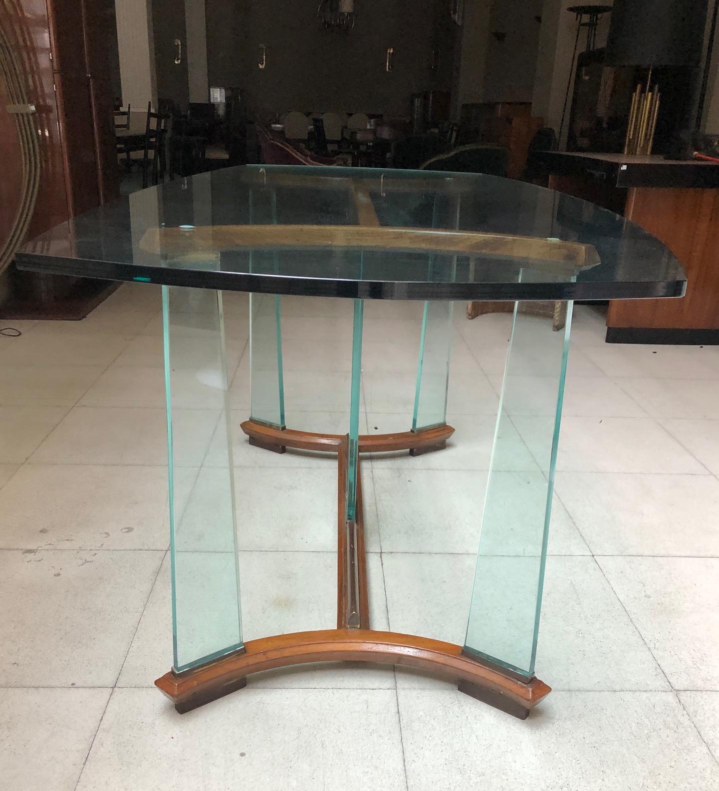 Art Deco Table 1950 in Glass, Wood and Bronze, Italian For Sale