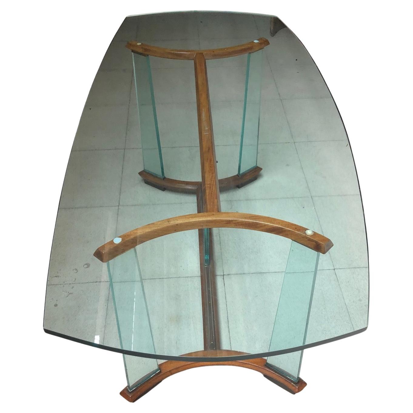 Table italienne 1950 en verre, bois et bronze