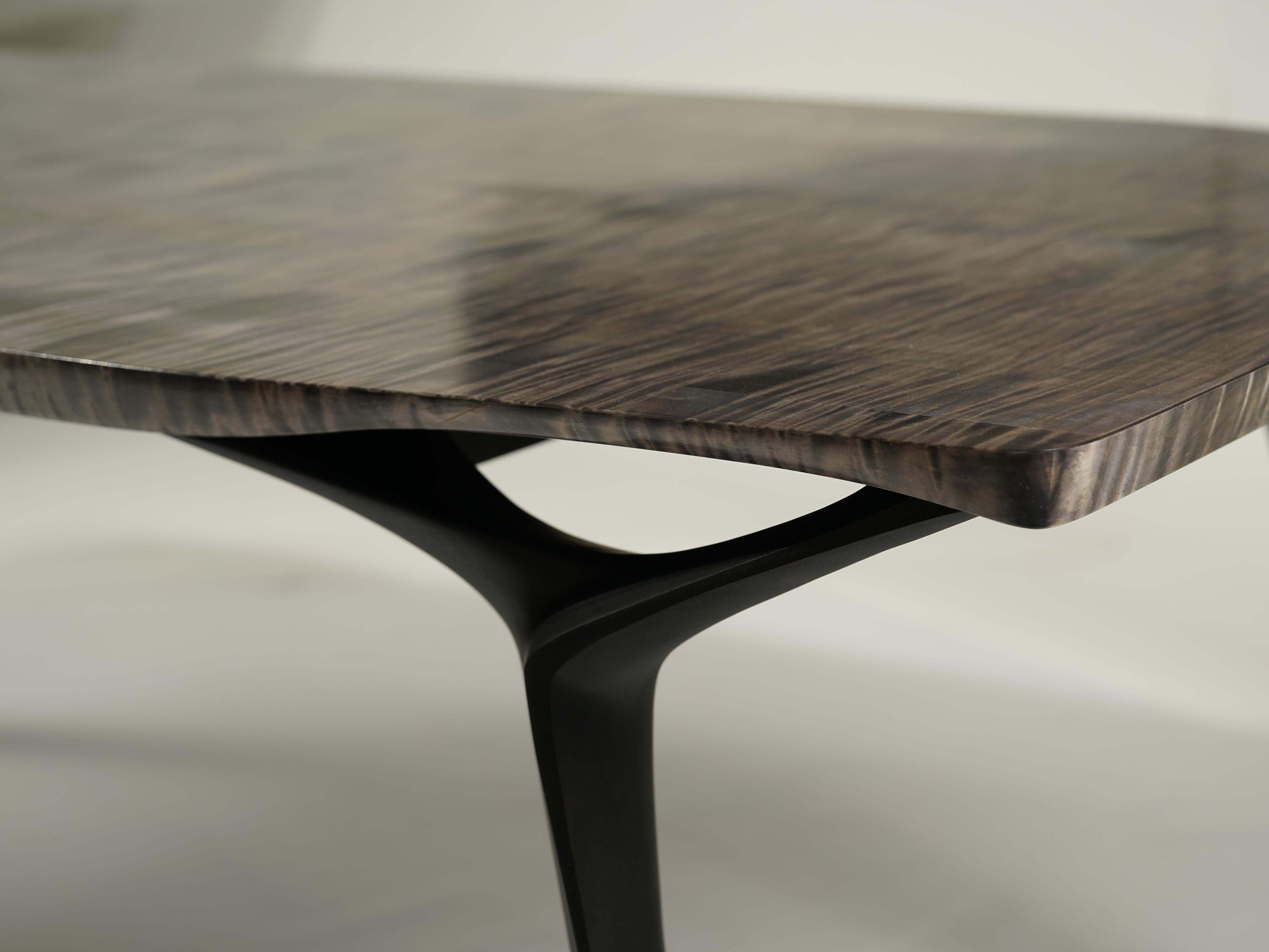North American Table #2, Sculptural Dining Table, Tiger Maple & Hand-Carved Sapele Wood For Sale
