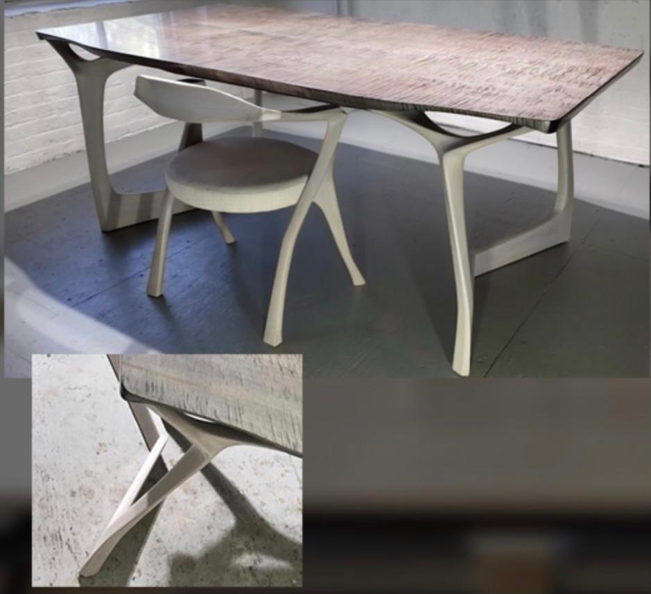 Contemporary Table #2, Sculptural Dining Table, Tiger Maple & Hand-Carved Sapele Wood For Sale