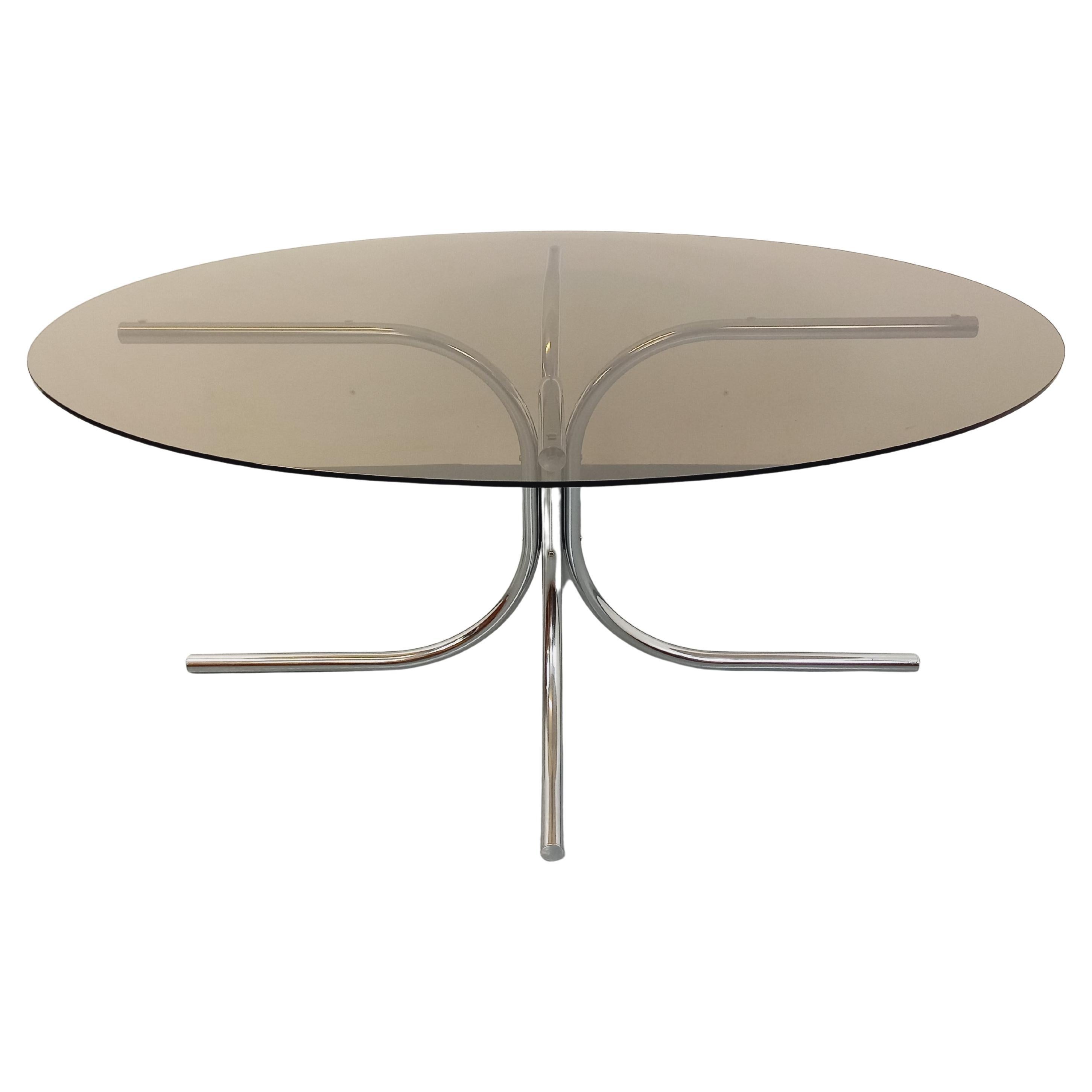 Table à manger ovale vintage en verre fumé et métal chromé style Space Age