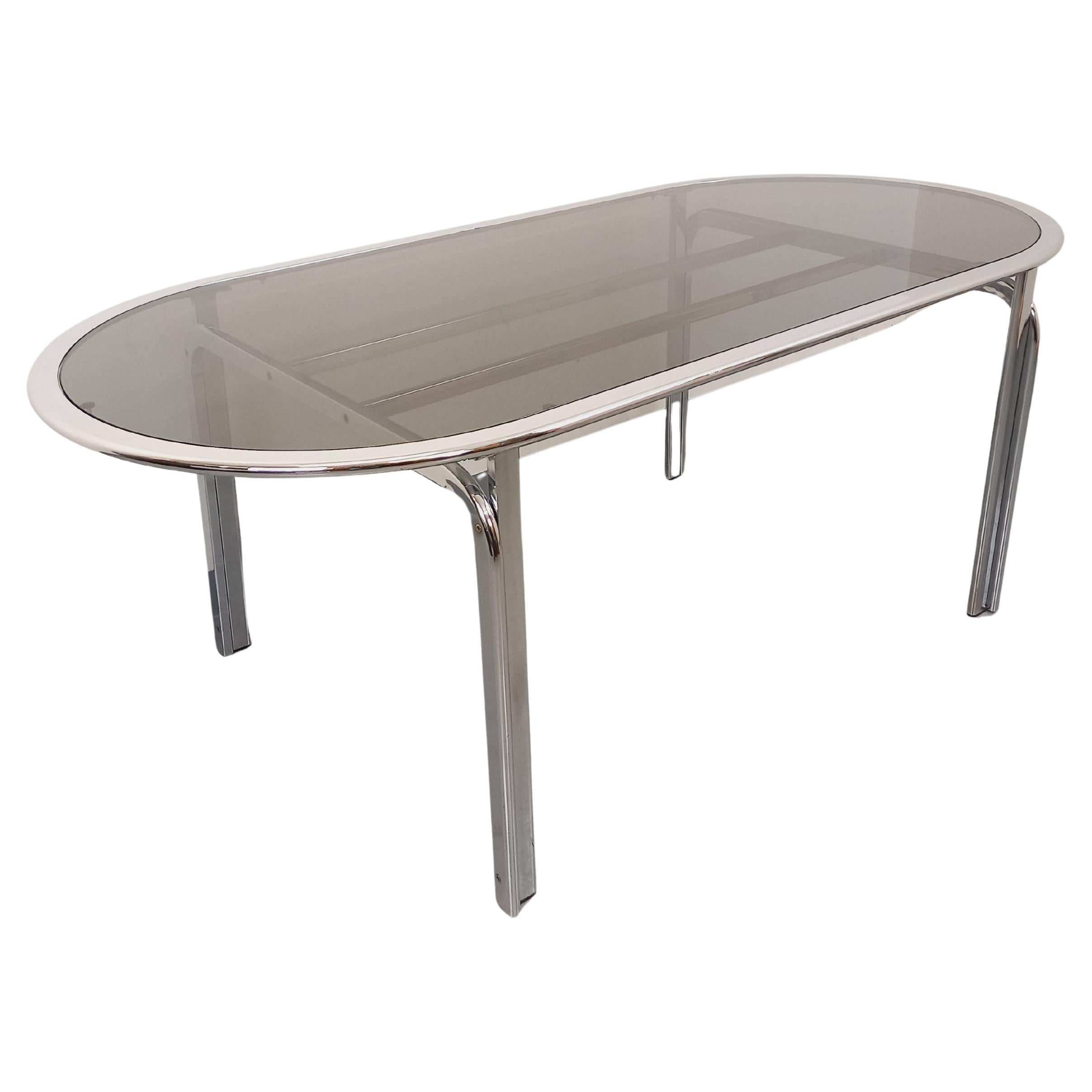 Table à manger ovale vintage en verre fumé et métal chromé style Space Age