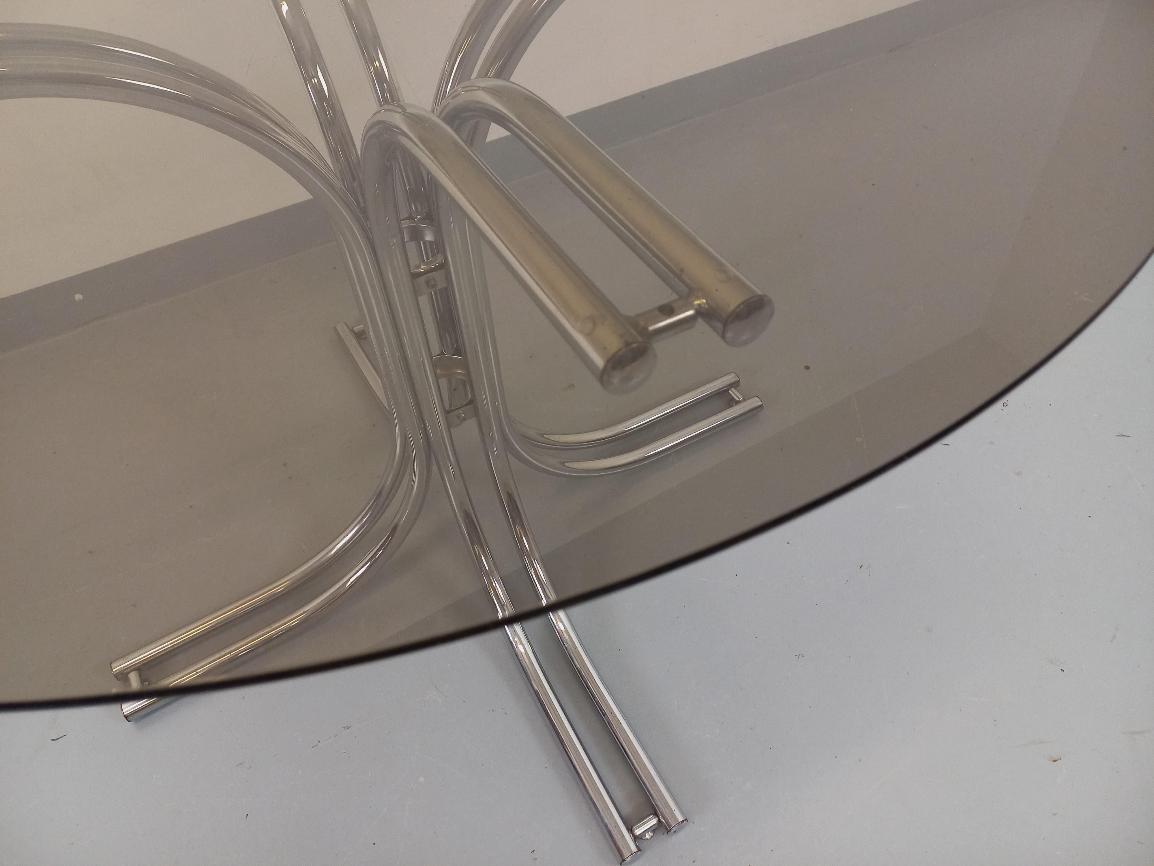 Table à manger ronde vintage en verre fumé et métal chromé style A Space Bon état à BESANÇON, FR