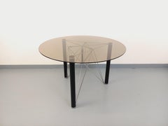 Table à manger ronde vintage en verre fumé, métal noir et métal chromé années 80