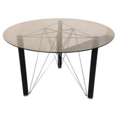 Table à manger ronde vintage en verre fumé, métal noir et métal chromé années 80