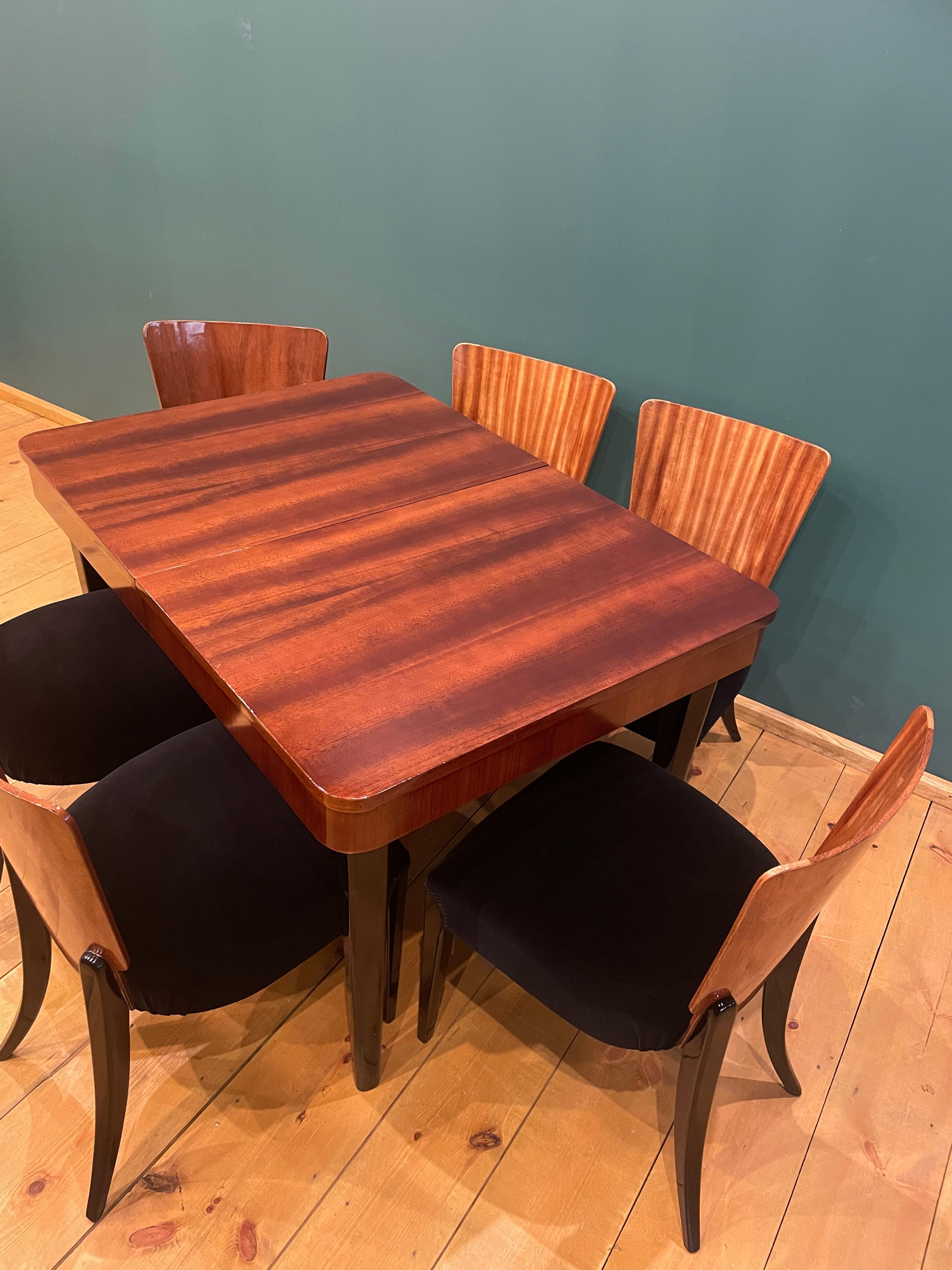 Mahogany Table and 6 Art Deco Chair by J. Halabala For Sale