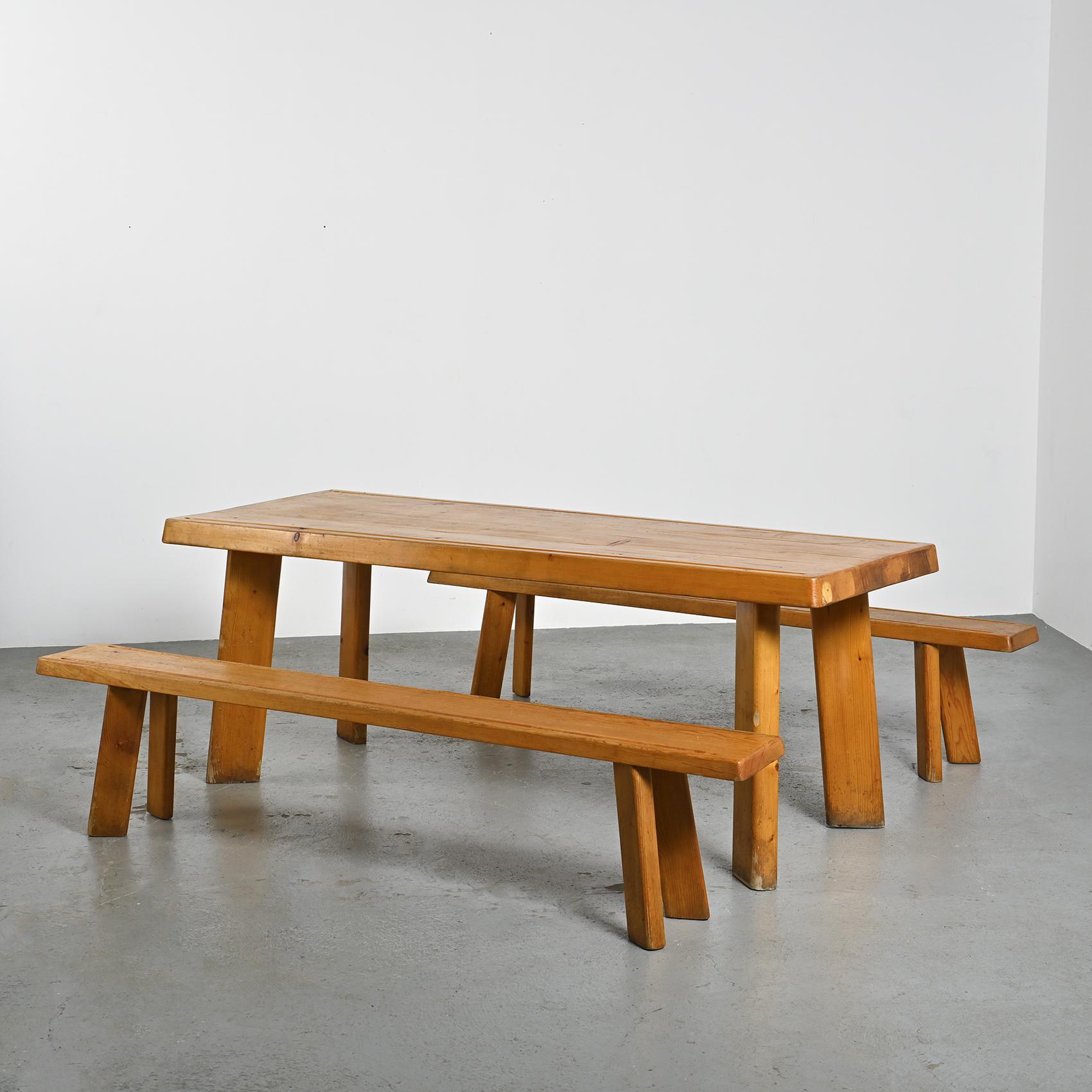 Bois Table et bancs en Wood Wood de Christian Durupt, circa 1960 en vente