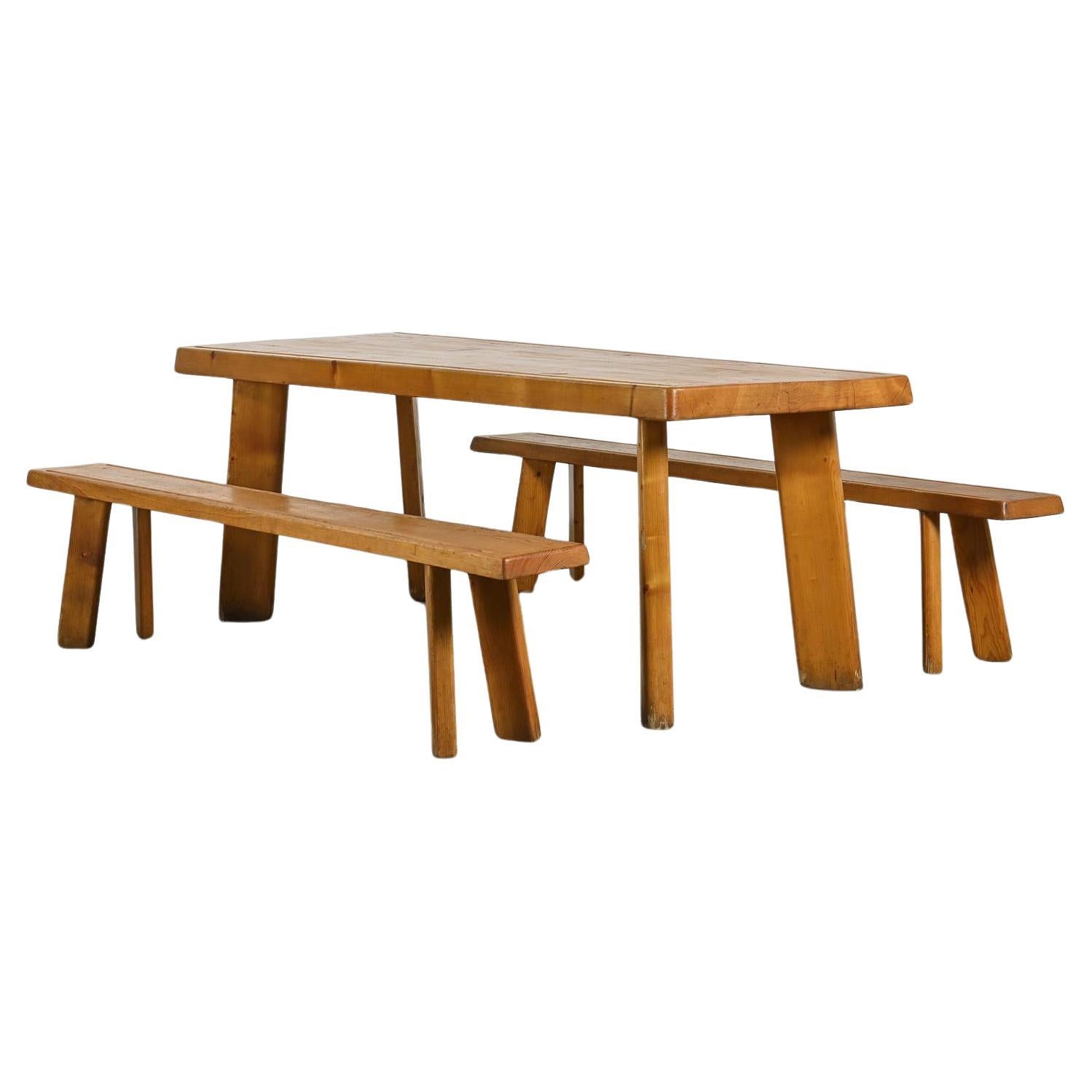 Table and benches in Larch Wood by Christian Durupt, circa 1960