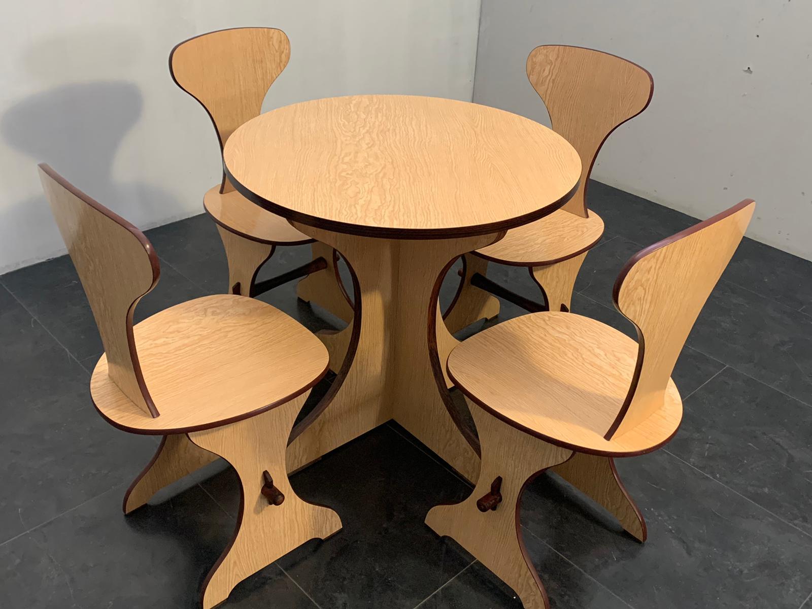 Italian Table and Chairs in Multilayer Beech and Oak, by Pedini Fano, 1960s, Set of 5 For Sale