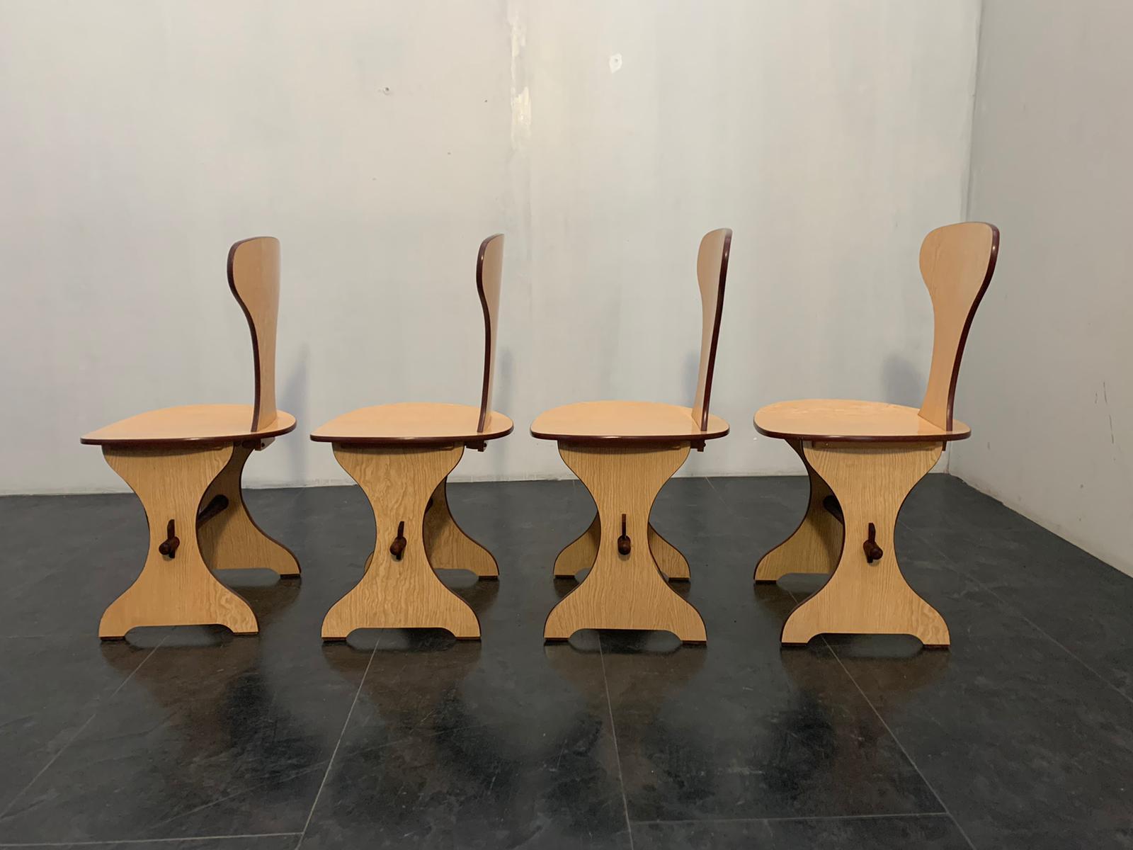Mid-20th Century Table and Chairs in Multilayer Beech and Oak, by Pedini Fano, 1960s, Set of 5 For Sale
