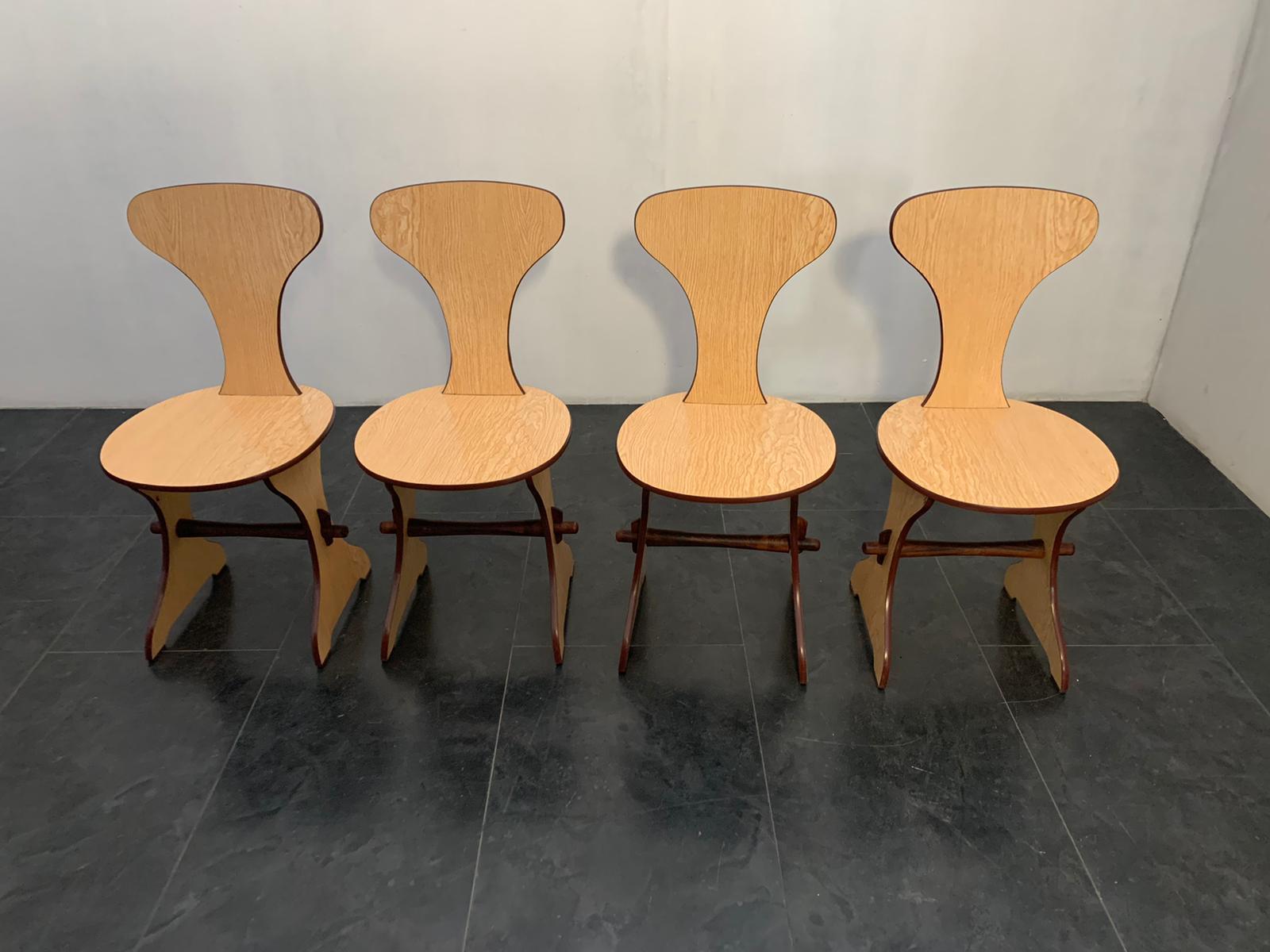 Laminate Table and Chairs in Multilayer Beech and Oak, by Pedini Fano, 1960s, Set of 5 For Sale