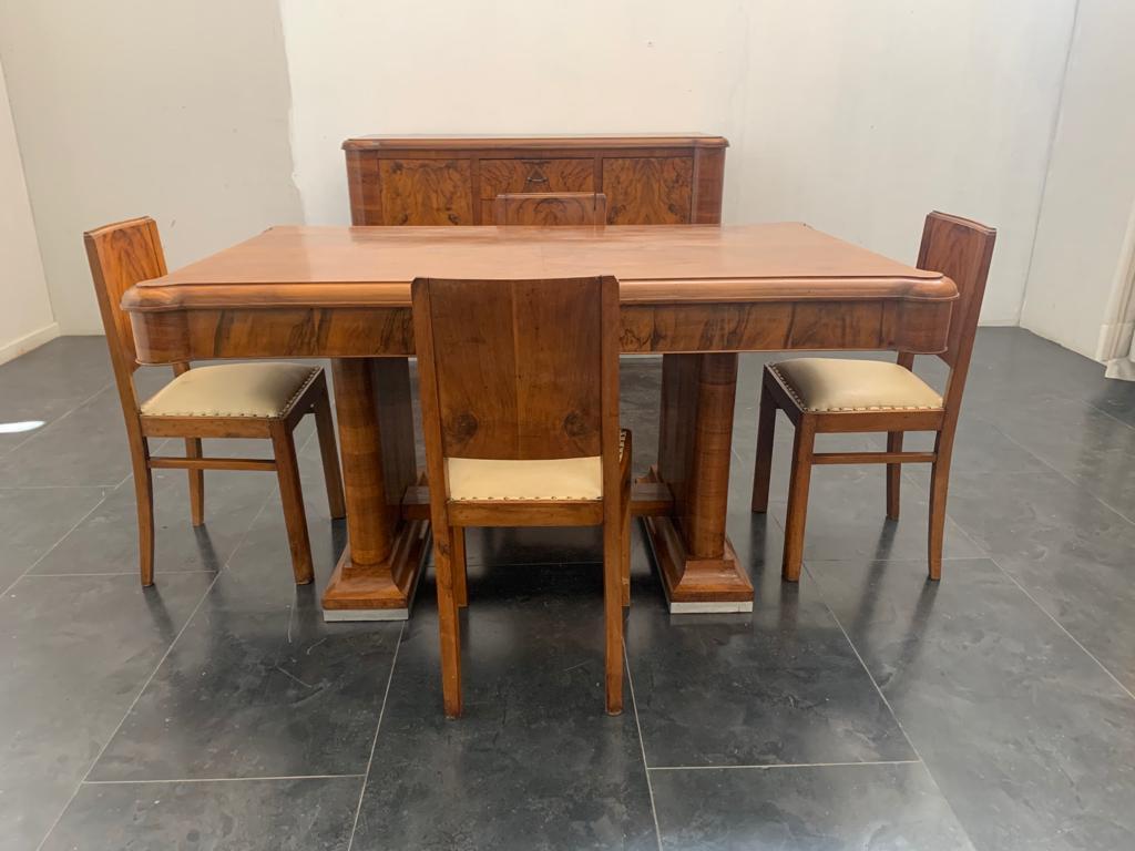 Tisch und Stühle in Nussbaum und Nussbaum-Federledersitz, 1930er Jahre, 5er-Set im Angebot 5