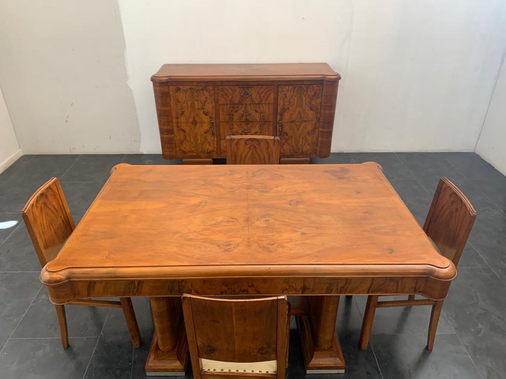 Tisch und Stühle in Nussbaum und Nussbaum-Federledersitz, 1930er Jahre, 5er-Set im Angebot 6