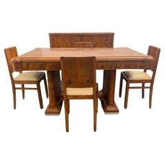 Table and Chairs in Walnut and Walnut Feather Leather Seat, 1930s, Set of 5