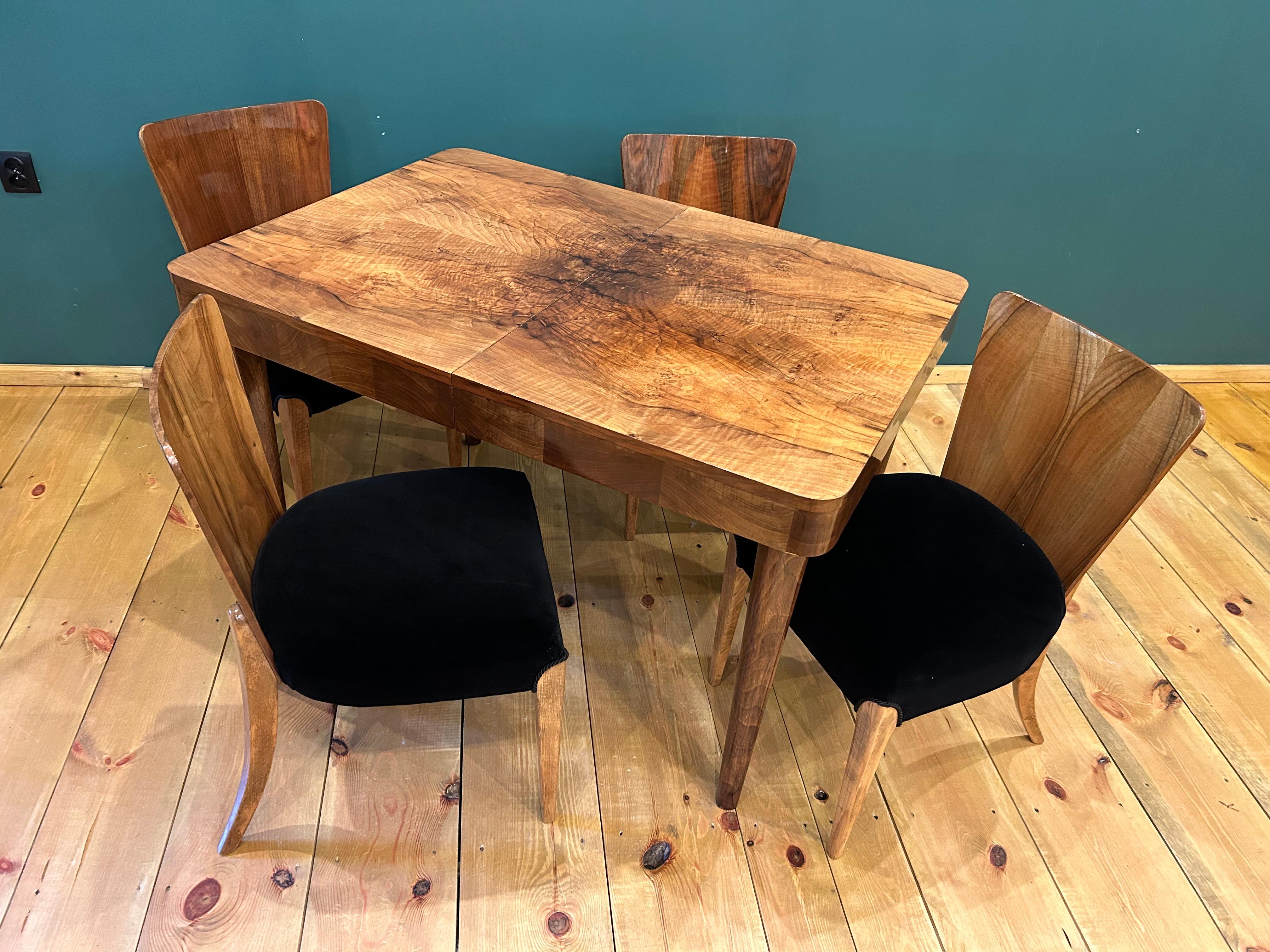 Czech Table and Four Art Deco Chair by J. Halabala For Sale