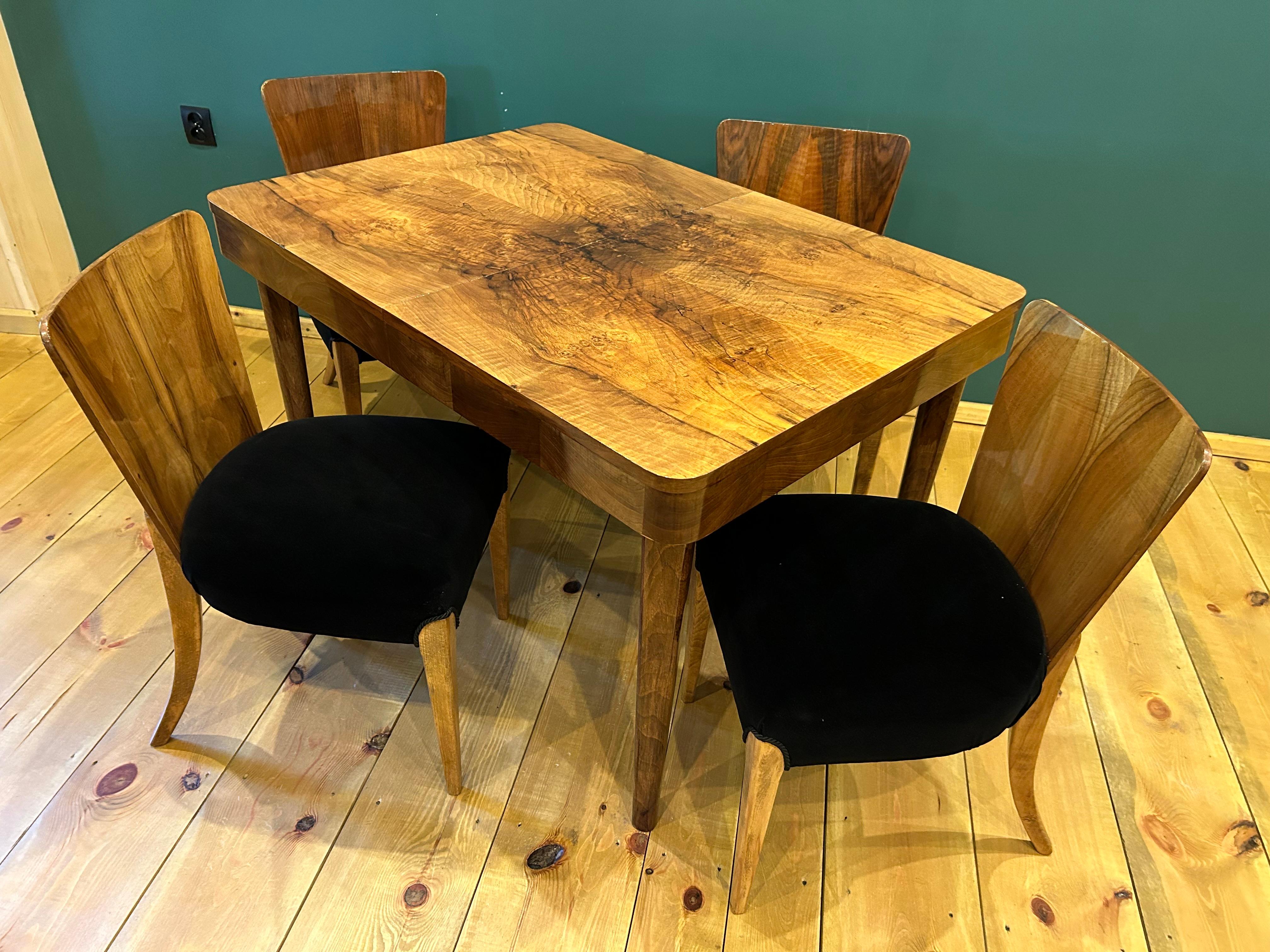 Mid-20th Century Table and Four Art Deco Chair by J. Halabala For Sale