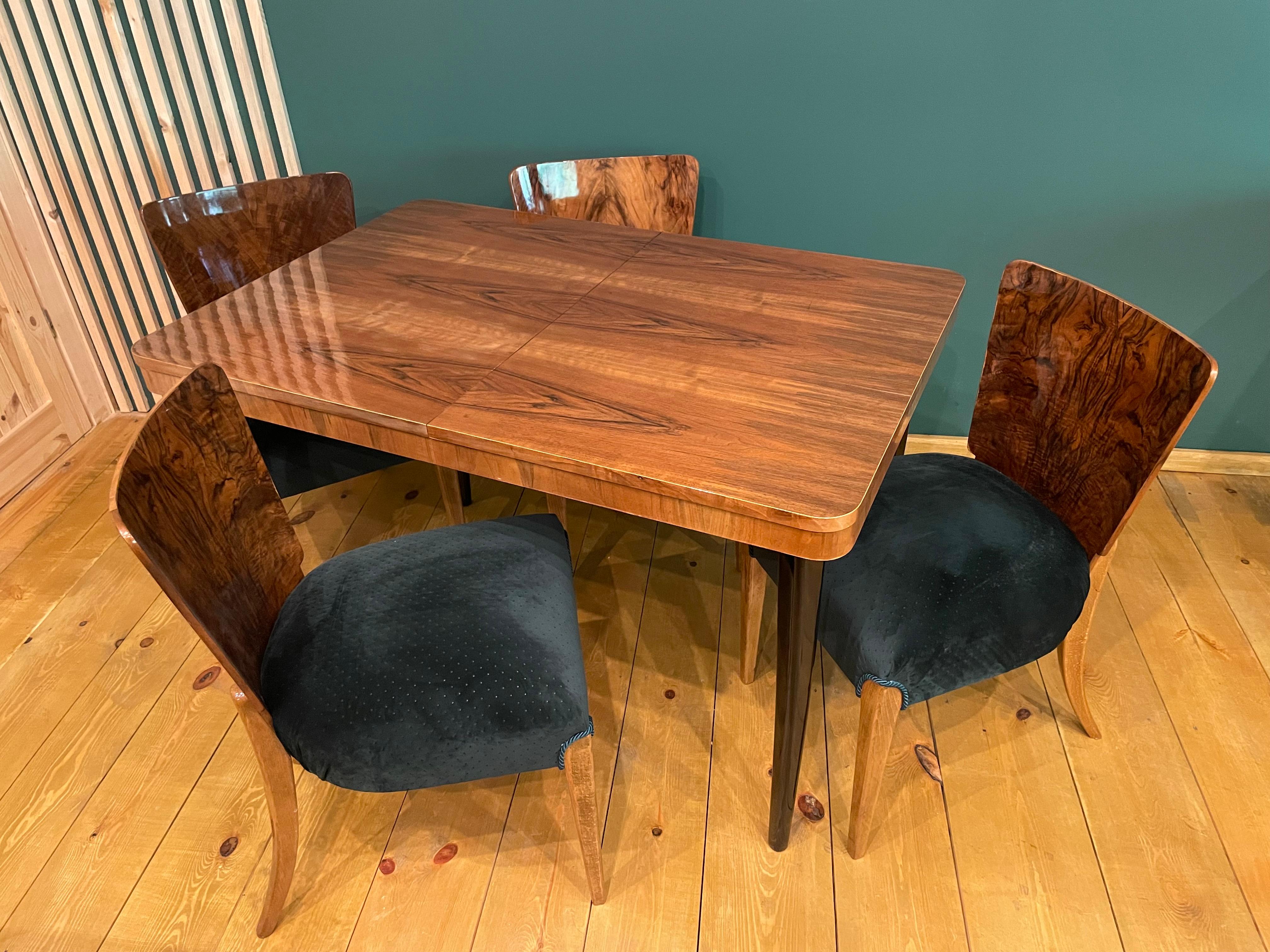 Walnut Table and Four Art Deco Chair by J. Halabala For Sale