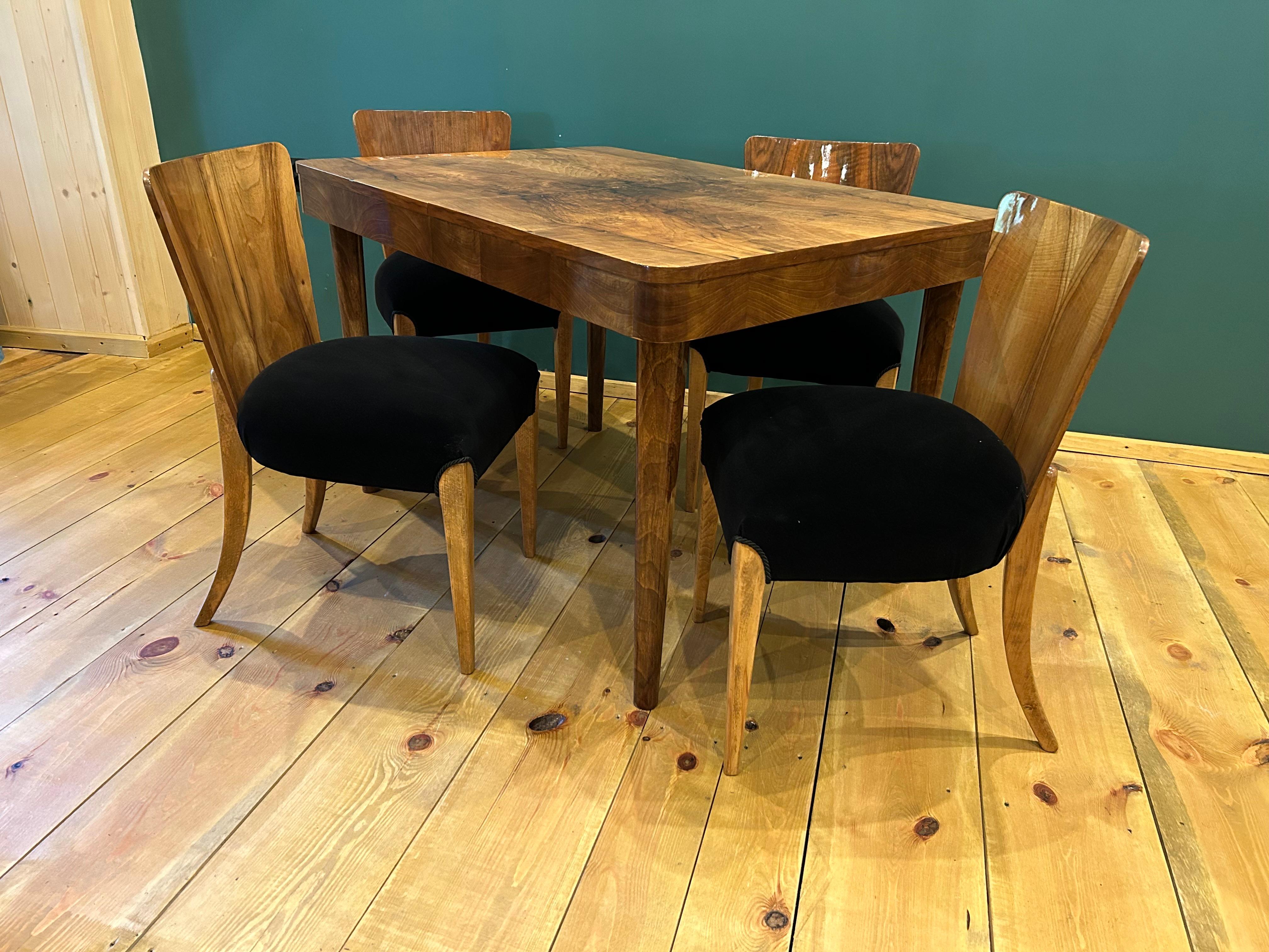 Walnut Table and Four Art Deco Chair by J. Halabala For Sale