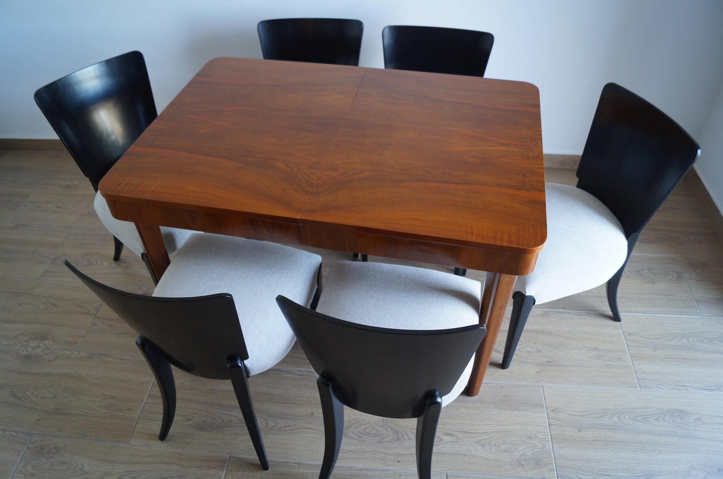 Czech Table and Six Art Deco Chair by J. Halabal from 1940 For Sale