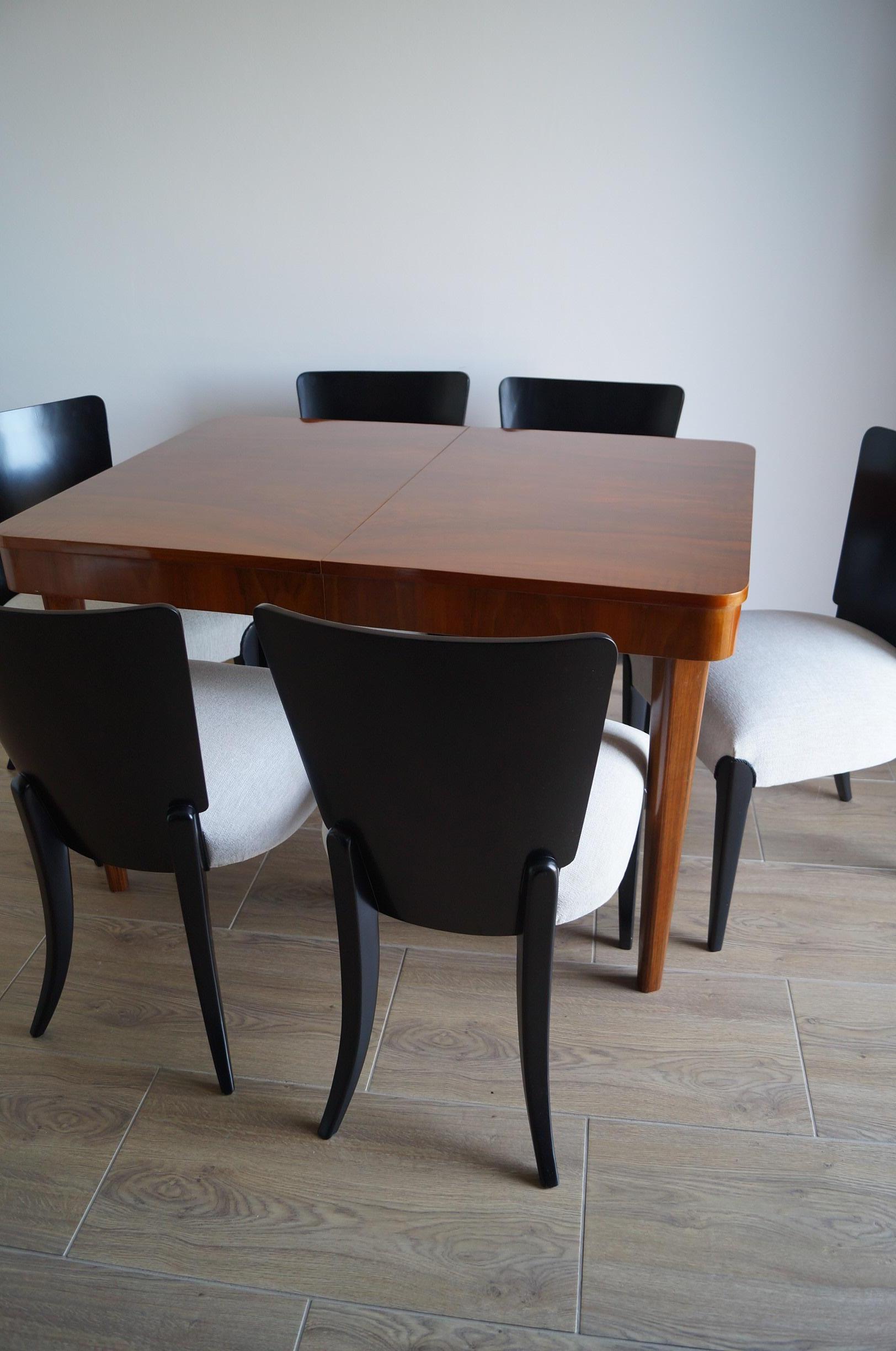 Walnut Table and Six Art Deco Chair by J. Halabal from 1940 For Sale