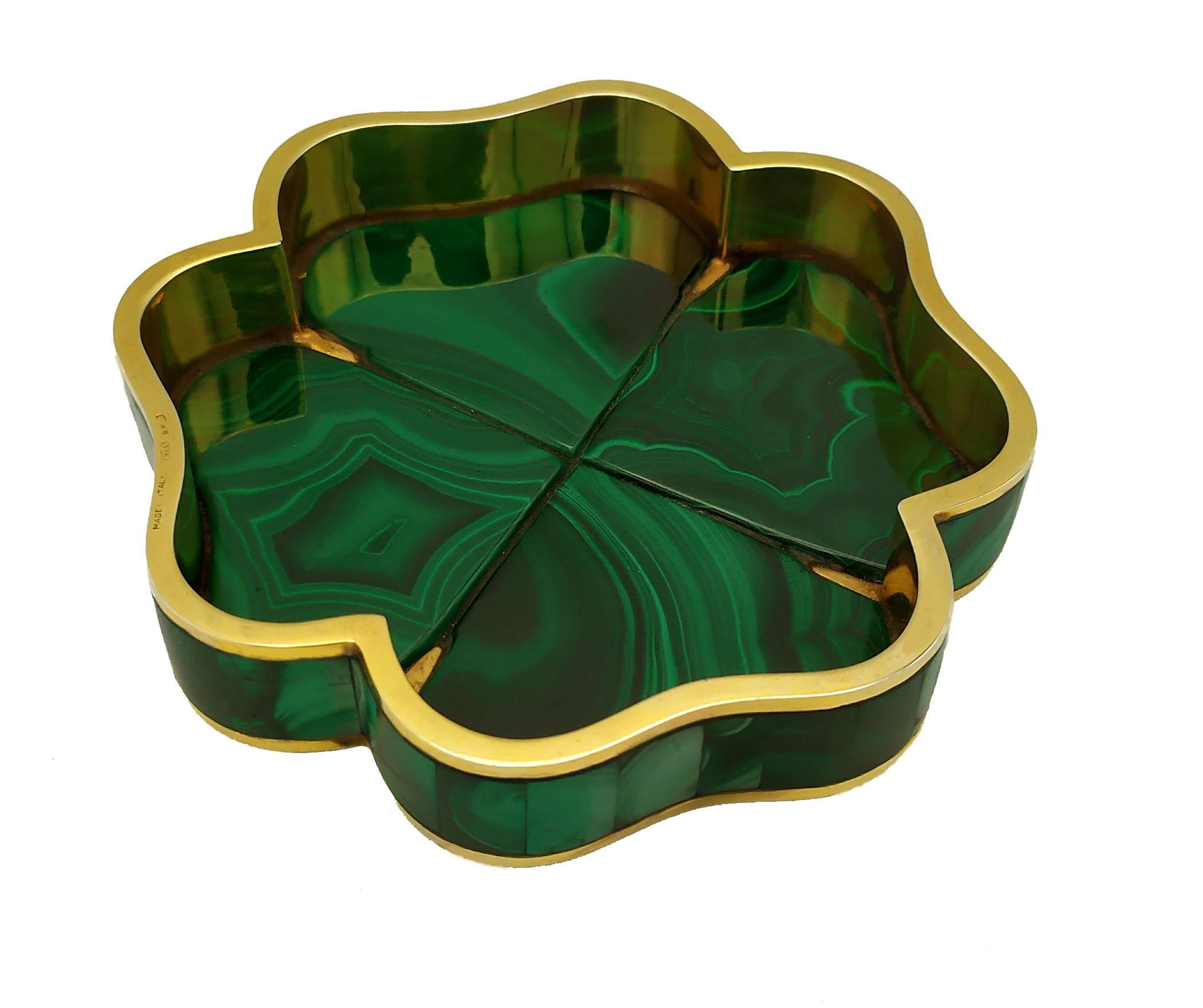 Other Table Ashtray Four-Leaf Clover Malachite Stone and Sterling Silver Salimbeni For Sale