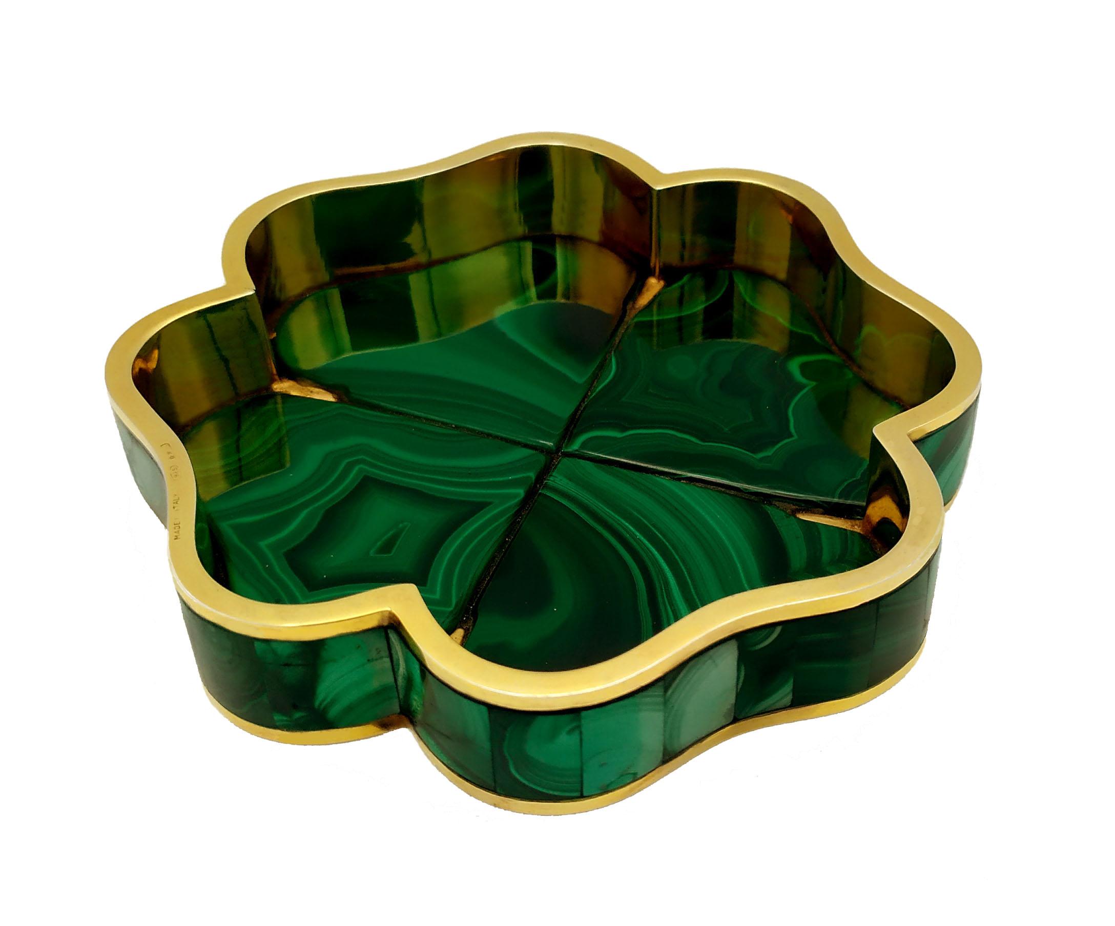 Table Ashtray Four-Leaf Clover Malachite Stone and Sterling Silver Salimbeni In Excellent Condition For Sale In Firenze, FI