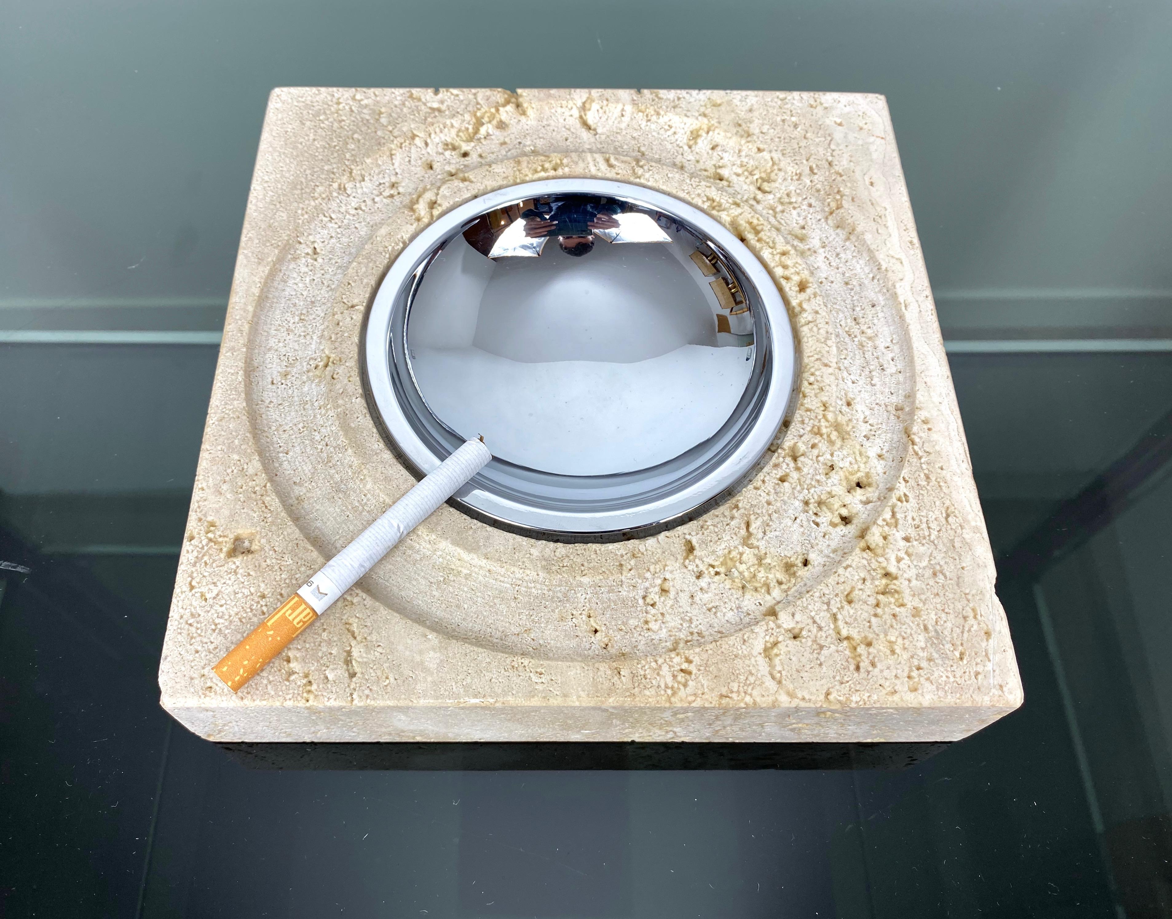 Metal Table Ashtray Vide-Poche Travertine Marble Fratelli Mannelli, Italy, 1970s For Sale