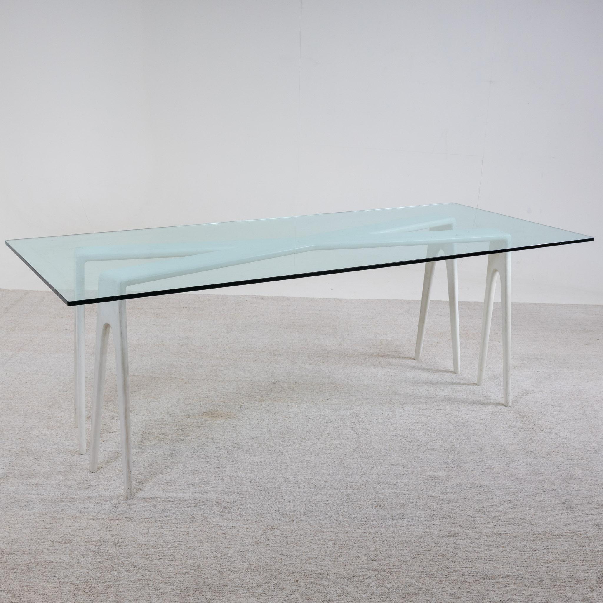 Italian White Dining Table with Glass Top, Le Opere E i Giorni, Italy 20th Century For Sale