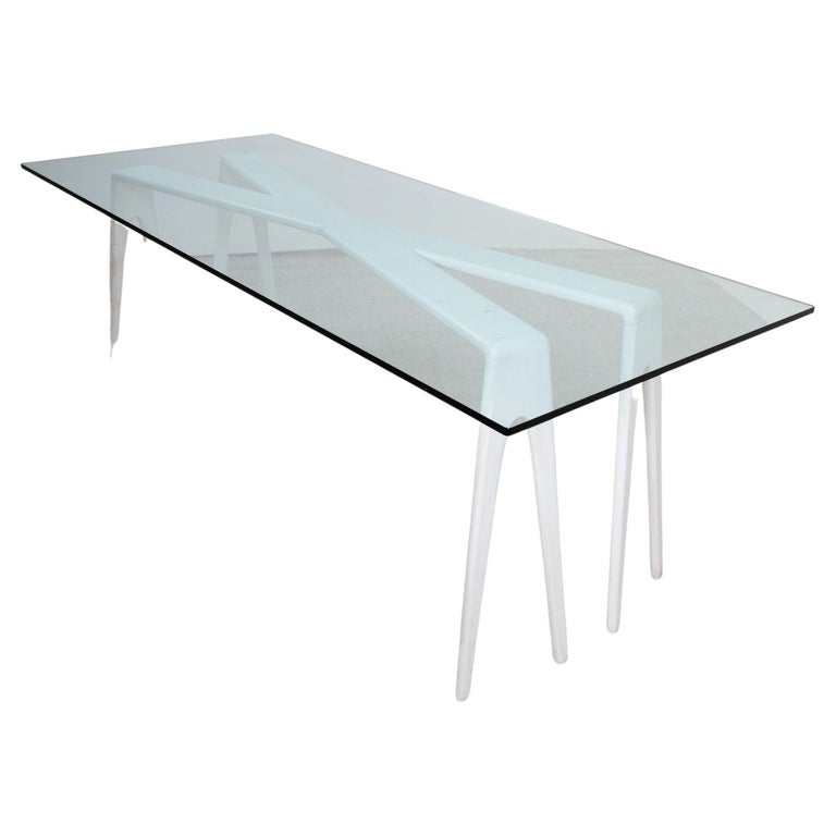 White Dining Table with Glass Top, Le Opere E i Giorni, Italy 20th Century  For Sale at 1stDibs