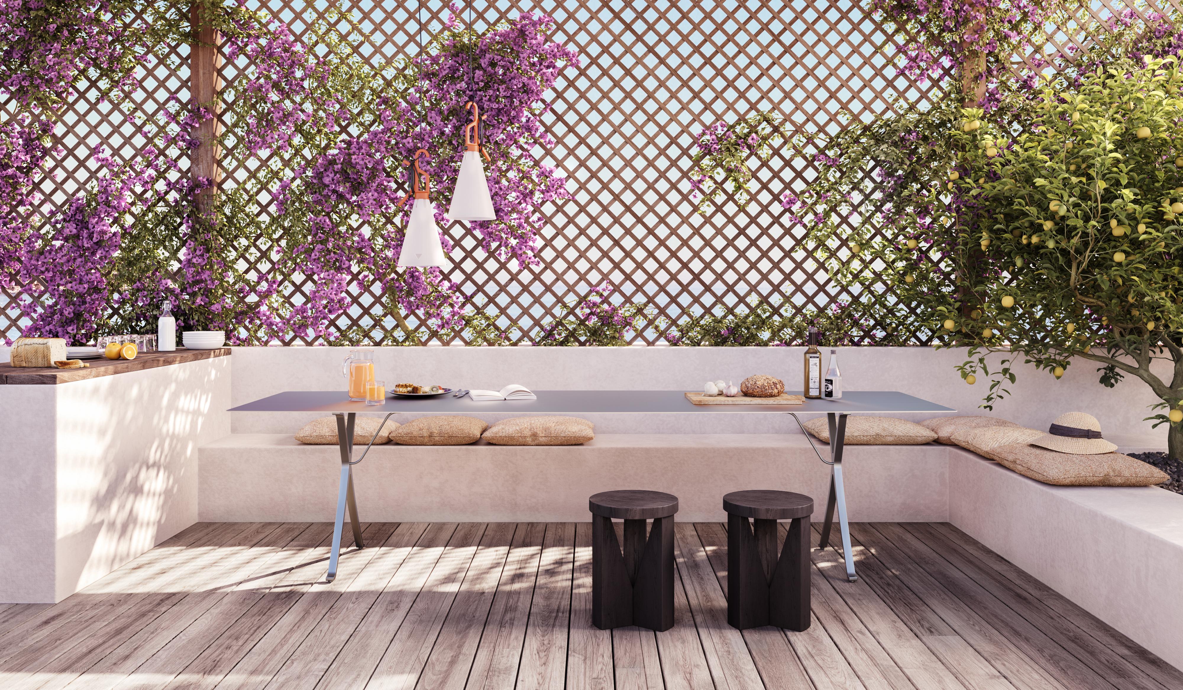 Moderne Table de jardin d'extérieur B 90 cm avec plateau en argent anodisé et pieds en aluminium en vente