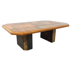 Table basse brutaliste vintage en pierre et chêne des années 70 80