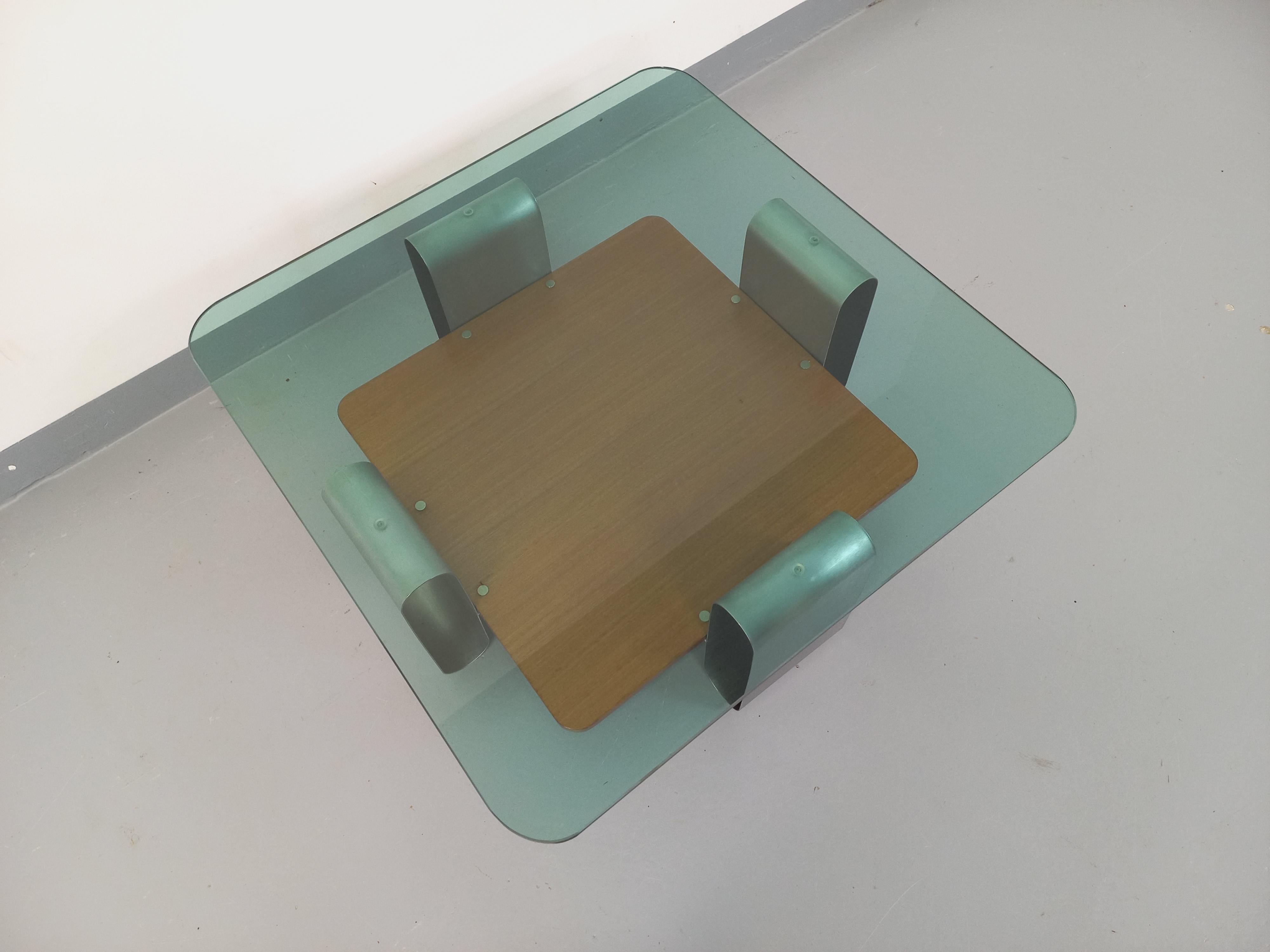 Table basse carrée 2 plateaux style A Space vintage des années 70 en verre Bon état - En vente à BESANÇON, FR