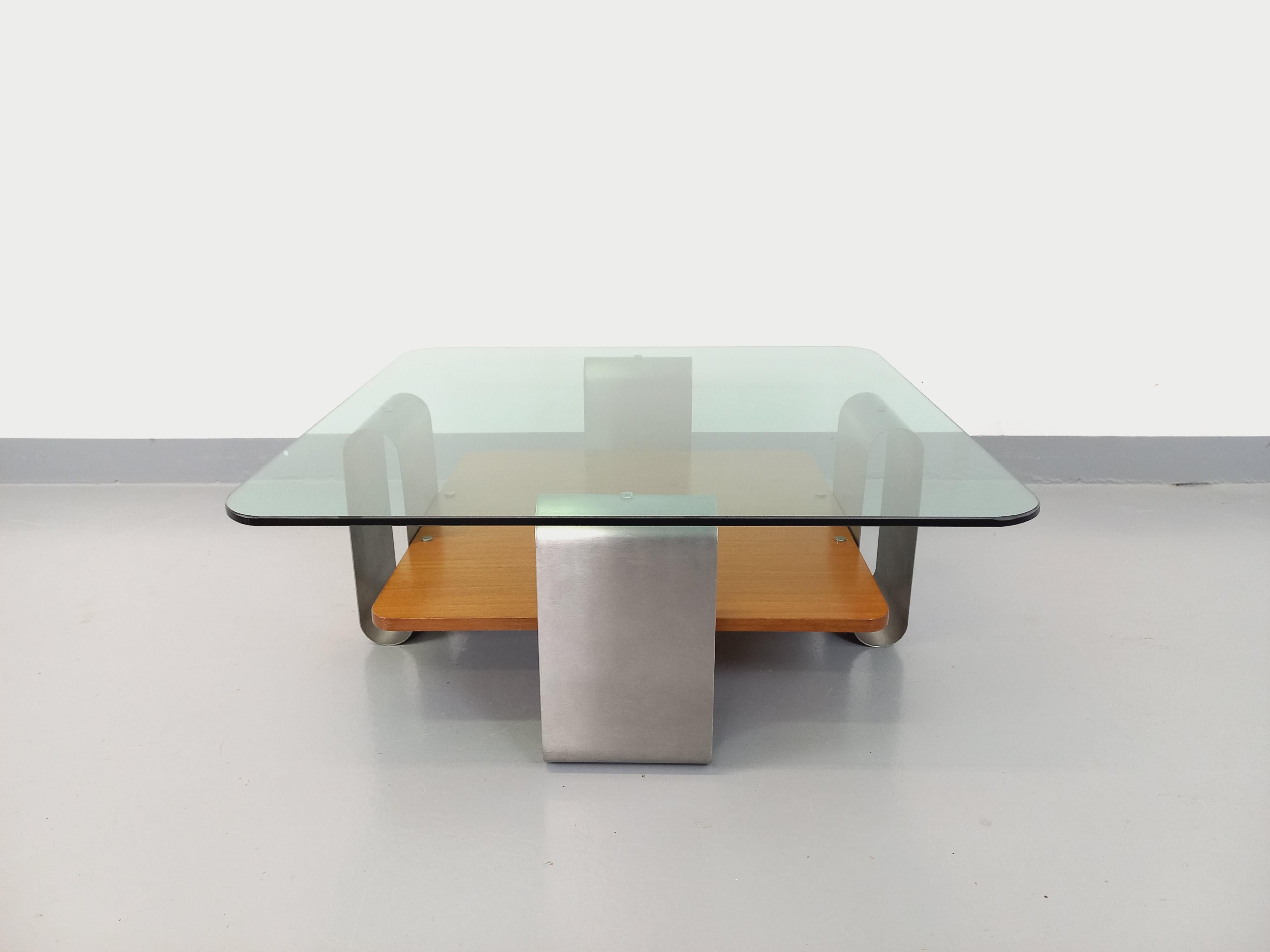 Fin du 20e siècle Table basse carrée 2 plateaux style A Space vintage des années 70 en verre en vente