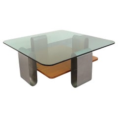 Table basse carrée 2 plateaux style Space Age vintage des années 70 en verre