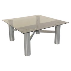 Table basse carrée italienne A Space vintage en verre fumé et métal chromé