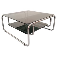 Table basse carrée italienne vintage 2 plateaux en verre fumé et métal chromé