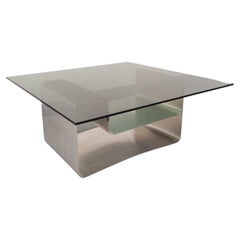 Table basse carrée style A Space vintage en métal et verre fumé des années 70