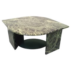 Table basse carrée vintage à 2 plateaux en marbre vert et verre fumé années 70