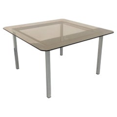Table basse carrée vintage en verre fumé et métal chromé des années 70