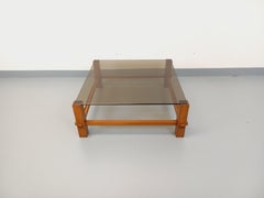 Table basse italienne carrée vintage Fontana Arte en bois verre fumé années 70