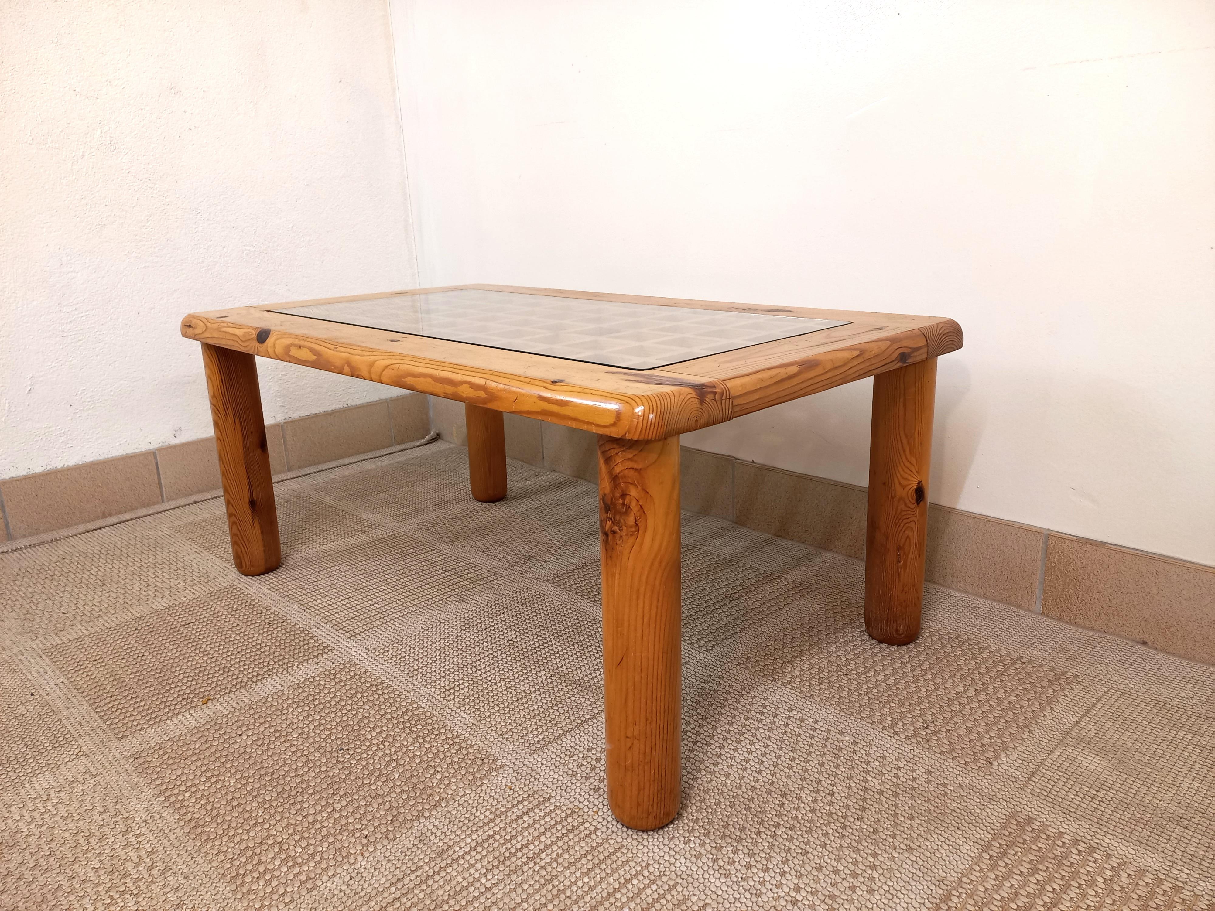 Fine XX secolo Tavolo basso modernista vintage in legno e vetro anni 70 80 in vendita