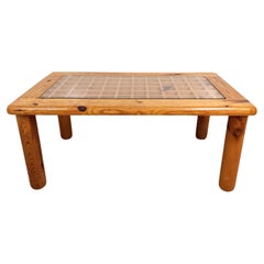 Table basse moderniste vintage en pin et verre années 70 80
