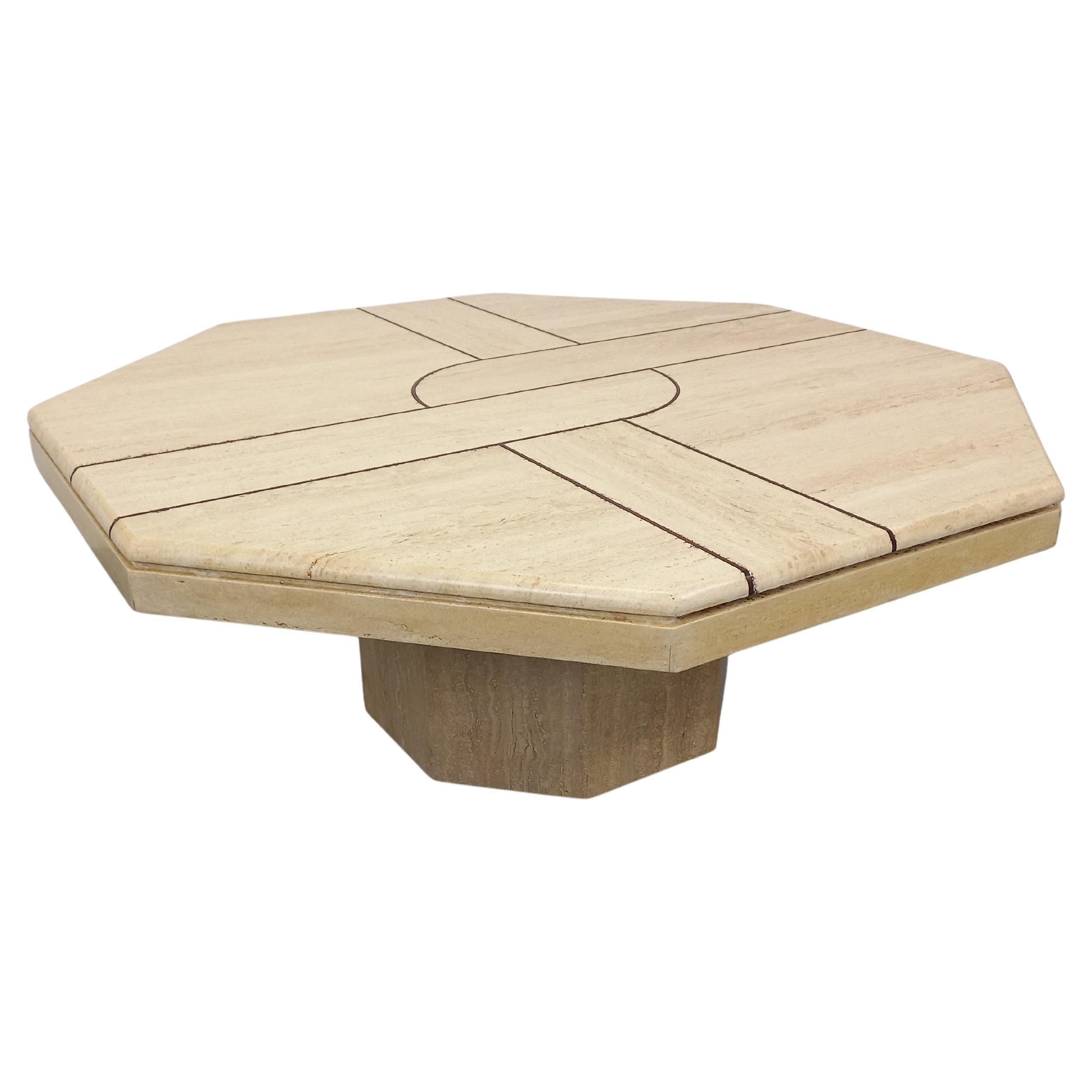 Table basse octogonale vintage en travertin et motif géométrique des années 70