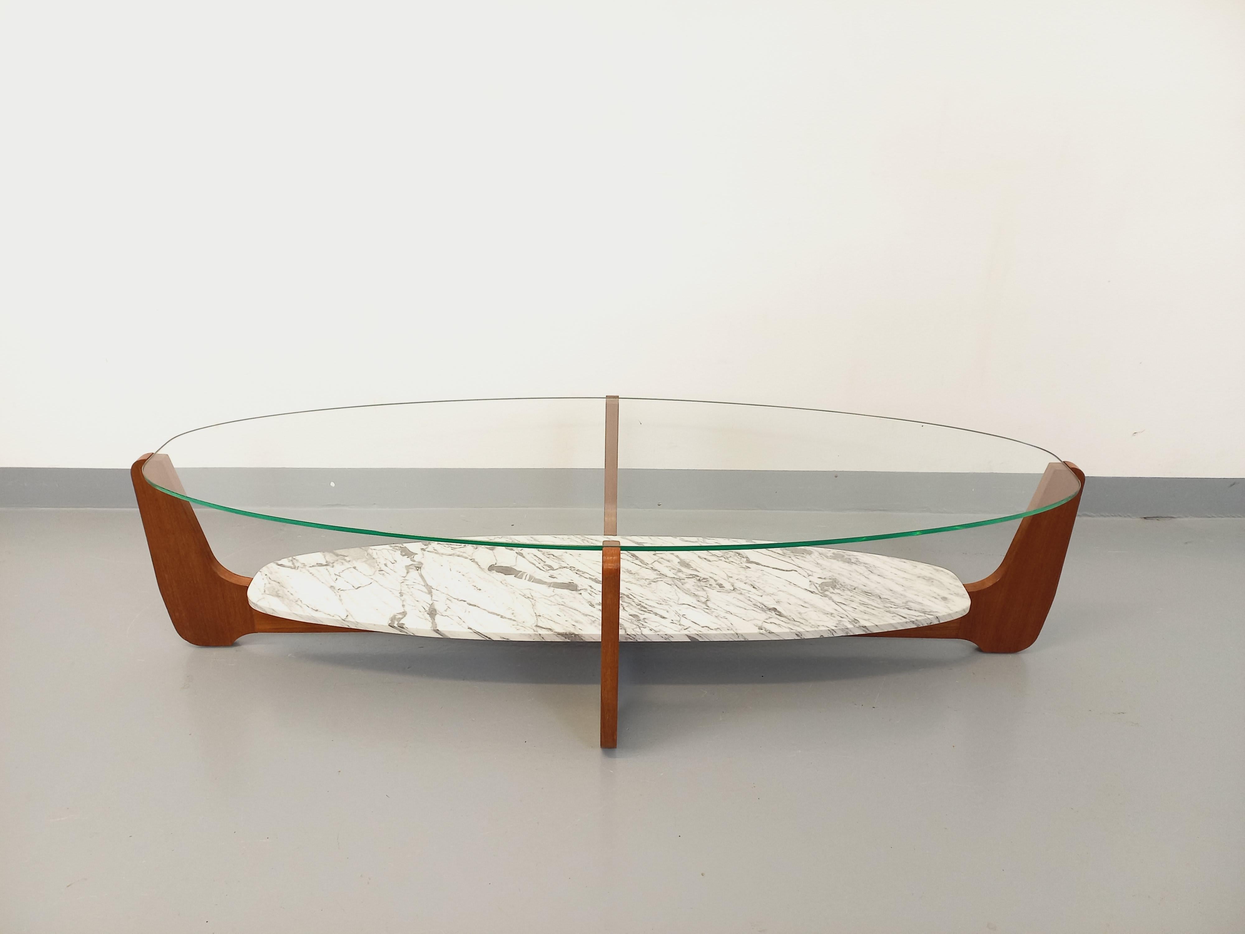 Table basse ovale à 2 plateaux vintage de Hugues Poignant, en teck, marbre 1