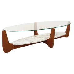 Table basse ovale à 2 plateaux vintage de Hugues Poignant, en teck, marbre