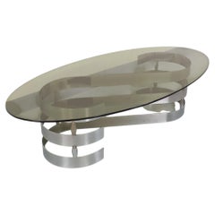 Table basse ovale vintage en verre fumé et métal chromé des années 70