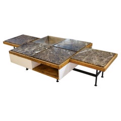 Table basse piètement acier avec encadrement en chêne et marbre gris 1970s