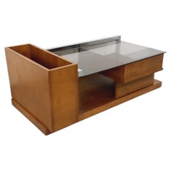 Table basse rectangulaire moderniste vintage avec niches en bois, chrome