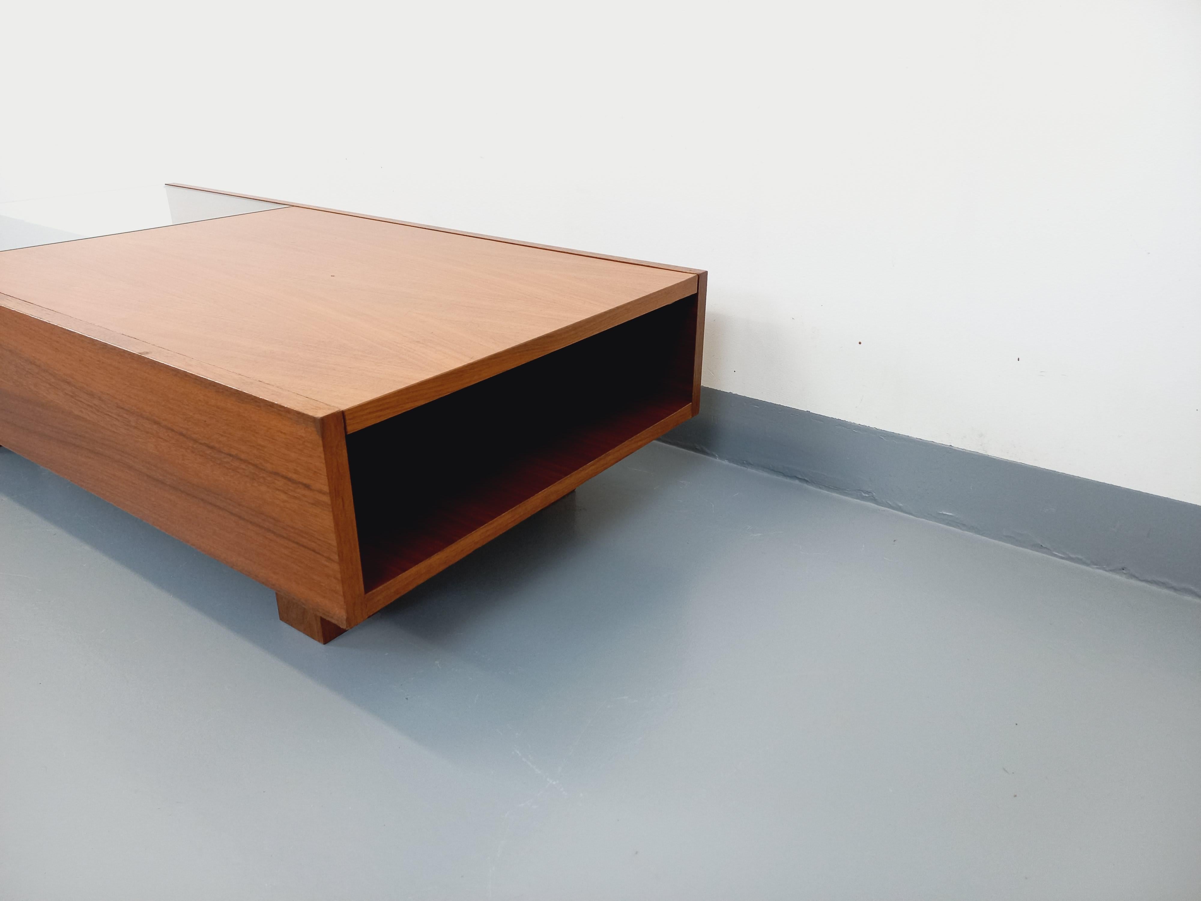 Table basse rectangulaire moderniste vintage avec niches en teck et verre 7